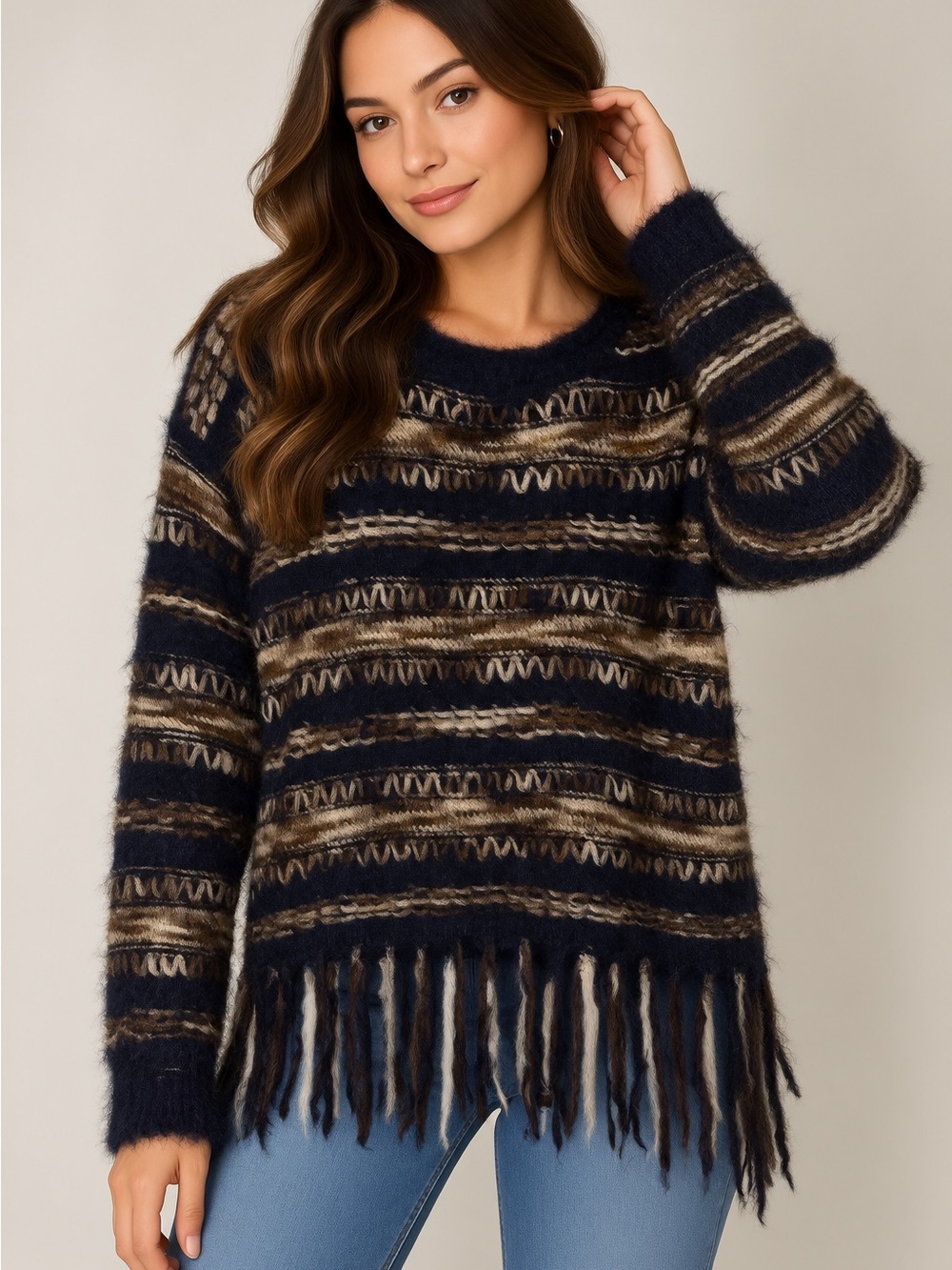 Cozy Navy & Brown Stripe Crewneck Sweater with Fringe